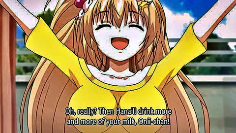 Blonde anime imouto in yellow top smiling with arms raised, happy expression