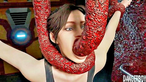 Claire Redfield restrained by red tentacles in sci-fi space oral scene
