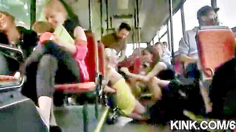 Blonde in yellow dress spreads legs wide for groping hands on crowded public bus