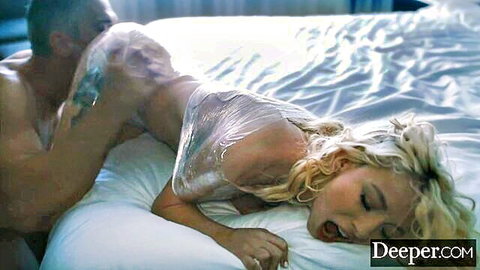 Petite blonde Kenzie Reeves in plastic wrap fetish sex scene