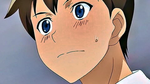 Blushing anime character with blue eyes and school uniform collar, hentai style