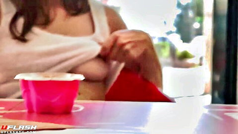 Miss Livi exposes breast in ice cream shop, solo masturbation tease