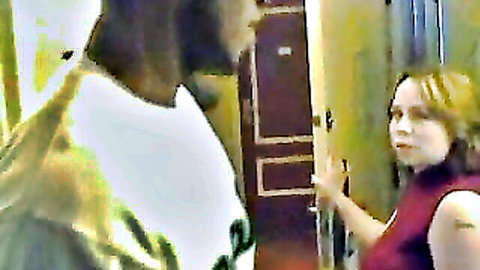 Black stud grabs blonde babe's neck in locker room interracial tease