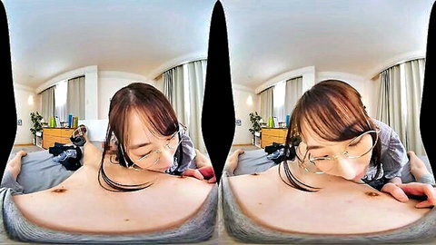Japanese girl in glasses licks muscular man's nipple in steamy VR POV closeup