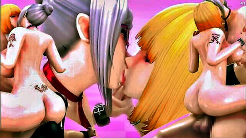 Tattooed animated women in prison orgy kissing and penetration