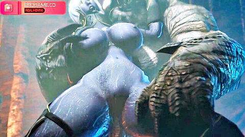 Hentai dark elf blue alien babe captured by cave monster, huge tits and pussy exposed