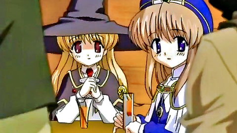 Cute blonde anime witch girl and princess in uniforms smiling while holding orange drinks together