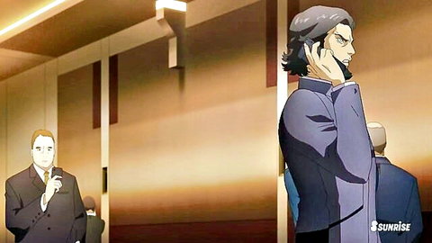 Anime men in suits from Gundam Witch from Mercury on phone call