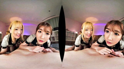 Two cute Japanese girls in sailor uniforms teasing in POV