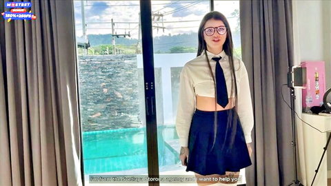 Cute Asian SkinLovers model in sexy school uniform with glasses and tie