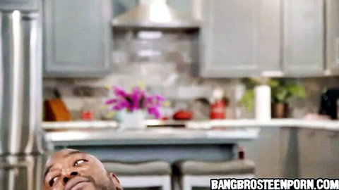Muscular black stud with ecstatic orgasm face looking up in kitchen during nasty blowjob