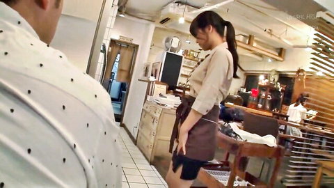Curvy Asian coffee employee with big ass and tits in tight skirt uniform