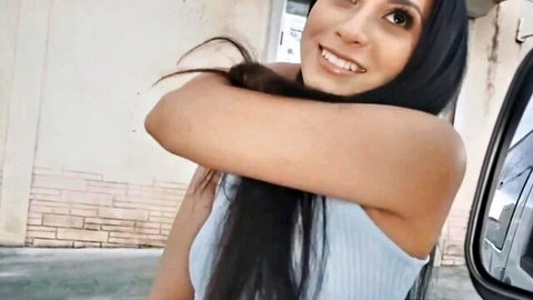 Smiling brunette in tank top for car POV riding fuck