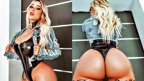 Curvy blonde in shiny latex bodysuit and ripped denim jacket flaunts huge tits and bubble butt