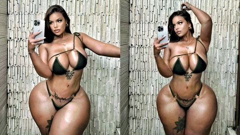 Curvy ebony babe in skimpy black bikini flaunting huge ass and tits