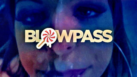 Seductive close-up of woman with lollipop overlay in Blowpass blowjob compilation