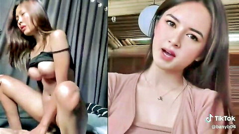 Seductive Indonesian woman in black lingerie posing on bed