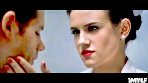 Penny Barber as sexy nurse in intense close-up with Jack Vegas, 68 chars
