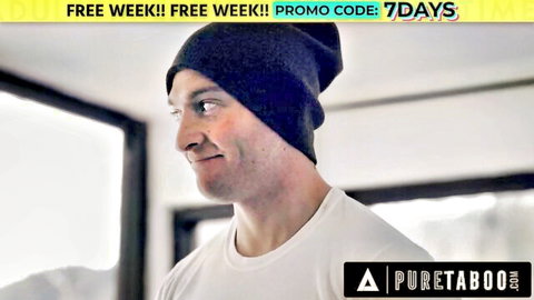 Smirking athletic football player in beanie, Pure Taboo promo with Sarah Vandella