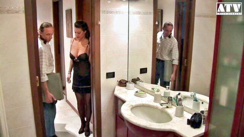 Vera Gal Italian MILF in black lingerie & heels at bathroom door