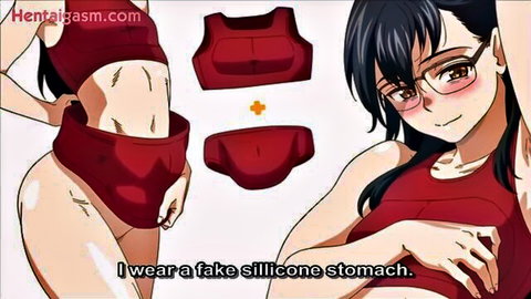 Hentai girl with glasses poses in tight red swimsuit showing fake silicone stomach