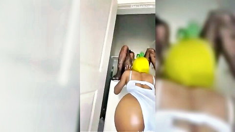 Ebony babes in white slingshots flaunt massive black asses with pineapple hats in steamy hallway threesome tease