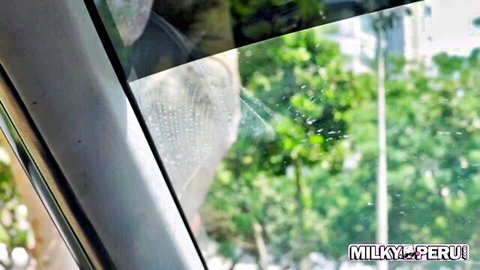 Blurry car window with water droplets and lush green view outside featuring Milky Peru watermark