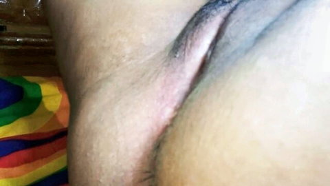 Close-up of mature stepmom's hairy pussy and ass exposed for oral play