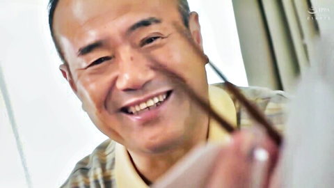 Smiling middle-aged Asian man with chopsticks in JAV father-in-law scene feat. Karen Mifune