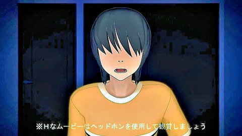 Anime hentai girl with short black hair in yellow shirt, solo scene
