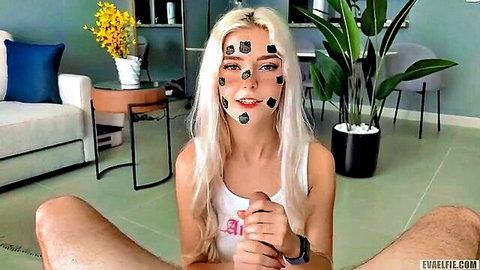 Eva Elfie blonde cutie in tank top, legs spread teasing