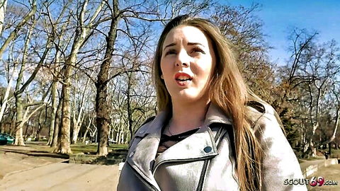 18yo curvy Lucie in leather jacket during German Scout park pickup