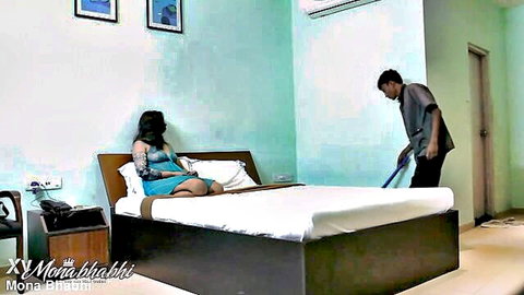 Mona Bhabhi teases Indian cleaner boy in sexy blue dress on bed