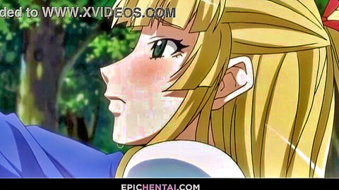 Blonde anime princess Lunatemis flushed orgasm face in blue dress outdoors