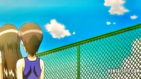 Anime pregnant babes in blue tank top by fence, lactating hentai competition