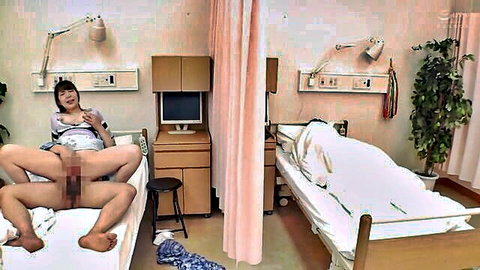 Japanese nurse in uniform spreads legs for patient penetration in hospital