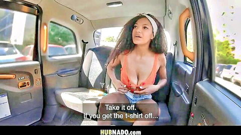 Brazilian Tina Fire teases with big cleavage in taxi cab