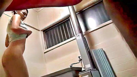 Risa Murakami nude tease in bathroom, lifting top to show slim Asian body