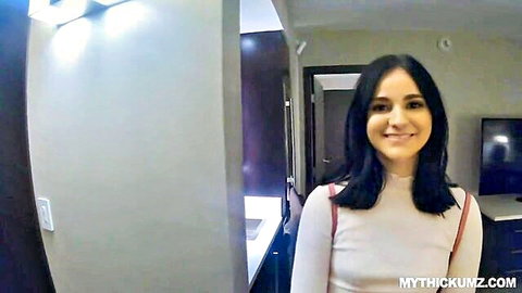 Violet Rain smiling in cream sweater, thick teen ready for hotel quickie
