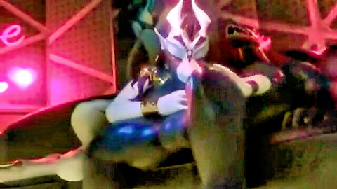 Blue alien slave in horned mask bound and teased by snake creature in sci-fi fetish scene