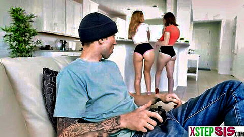 Gracie Gates and Brookie Blair big ass teens in shorts bend over for stepbro