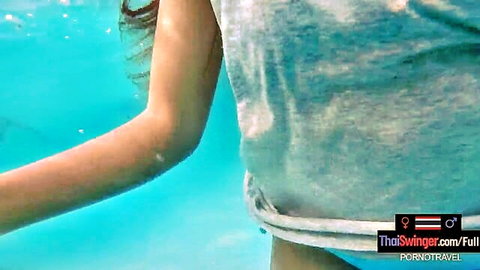 Asian amateur teen in wet t-shirt pool fun, Thai girlfriend tease