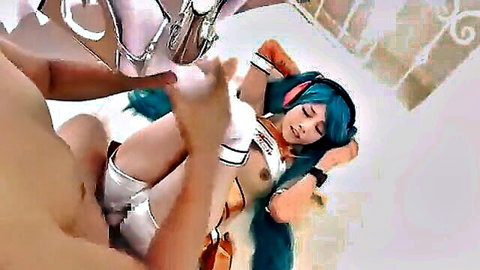 Rei Mizuna in turquoise cosplay, exposed tits, legs up for penetration