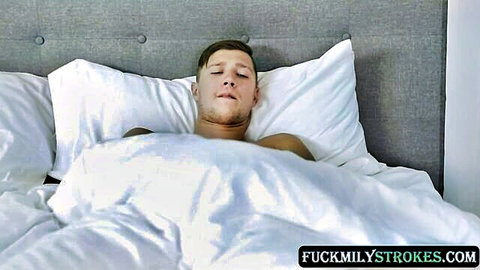 Shirtless young man sleeping in bed, stepbrother in Natalie Porkman family fantasy scene