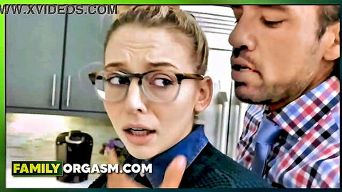 Lily Larimar in glasses surprised by stepdad's intimate advance in kitchen
