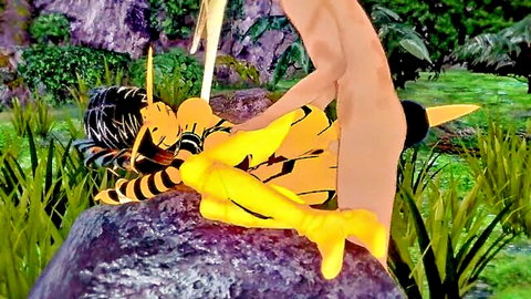 Anthro bee girl in yellow stripes moans during creampie penetration outdoors