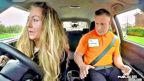 Busty blonde MILF with driving instructor in public car outdoor