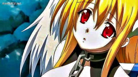 Blonde anime girl in white slave outfit with collar and chains, red eyes, surprised expression