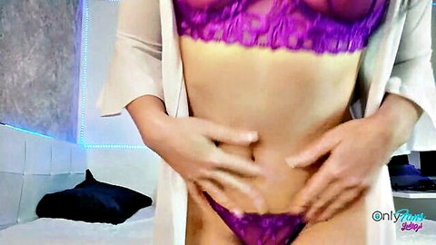 Lady Bel in purple lace lingerie, teasing solo pose for JOI