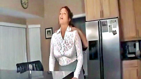 Redhead MILF in sheer lace blouse teased by hands from behind